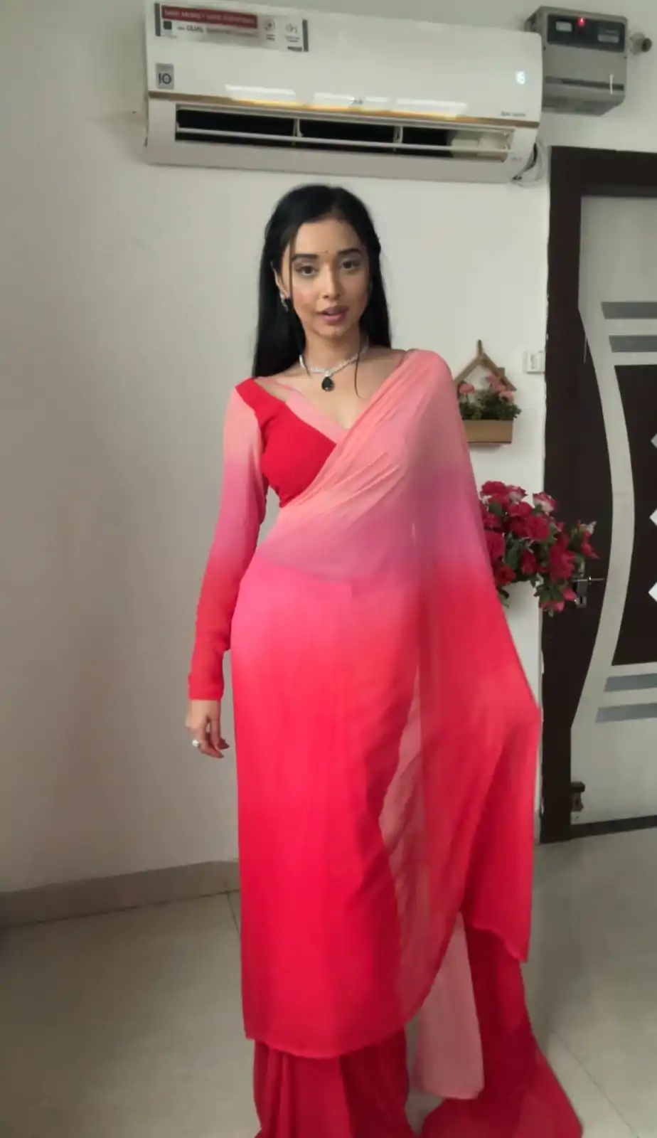 Glowing Pink And Red Color Soft Georgette Silk Ready To Wear Saree - Image 5