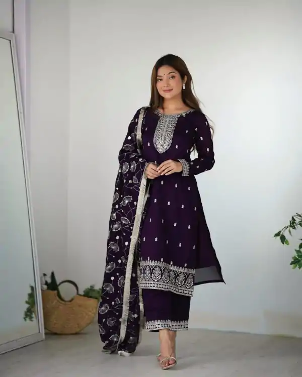 Glowing Purple Color Rangoli Silk Sequence Jari Work Salwar Suit