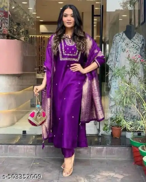 Glowing Purple Color Roman Silk Coding Work Salwar Suit