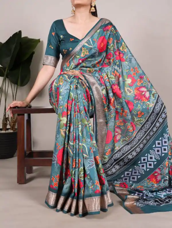 Glowing Rama Blue Color Tushar Silk With Viscose Border Printed Saree