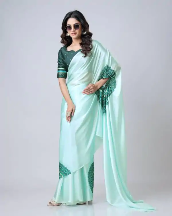 Glowing Sea Green Color Japan Satin Digital Print Work Saree