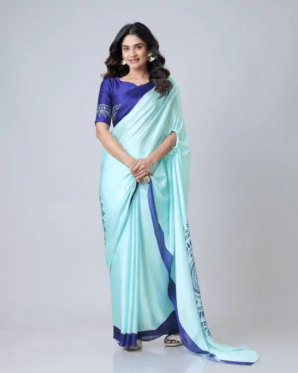 Glowing Sky Blue Color Japan Satin Digital Print Work Saree
