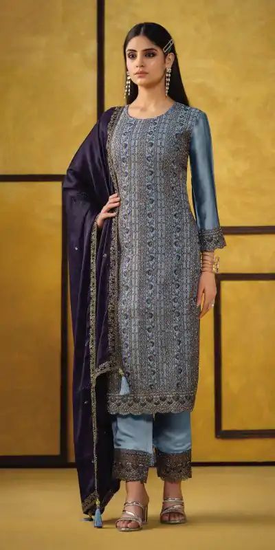 Glowing Sky Blue Color Rangoli Coding Sequence Work Salwar Suit