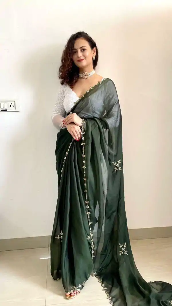 Gorgeous Green Color Rangoli Silk Handwork Cutwork Pearl Saree