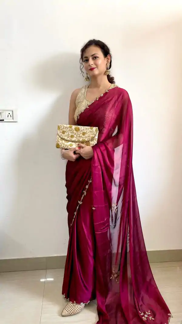 Gorgeous Rani Pink Color Rangoli Silk Handwork Cutwork Pearl Saree
