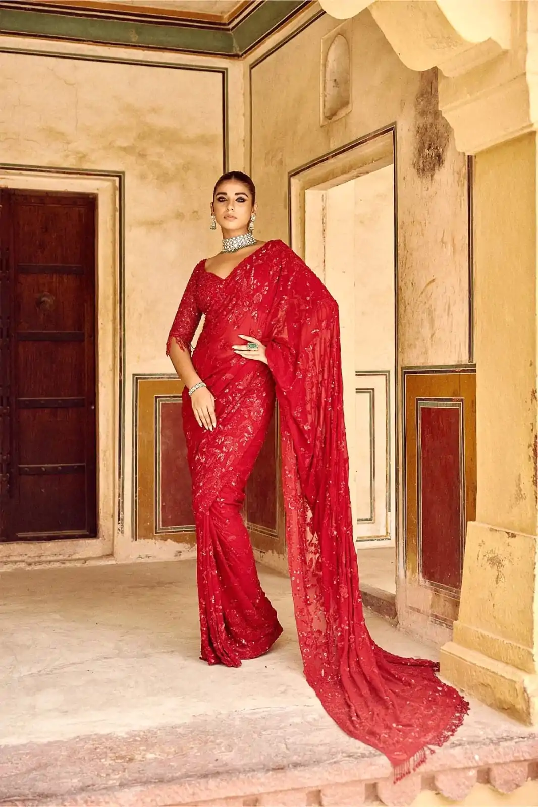 Gorgeous Red Color Georgette Sequins Embroidery Work Saree - Image 2
