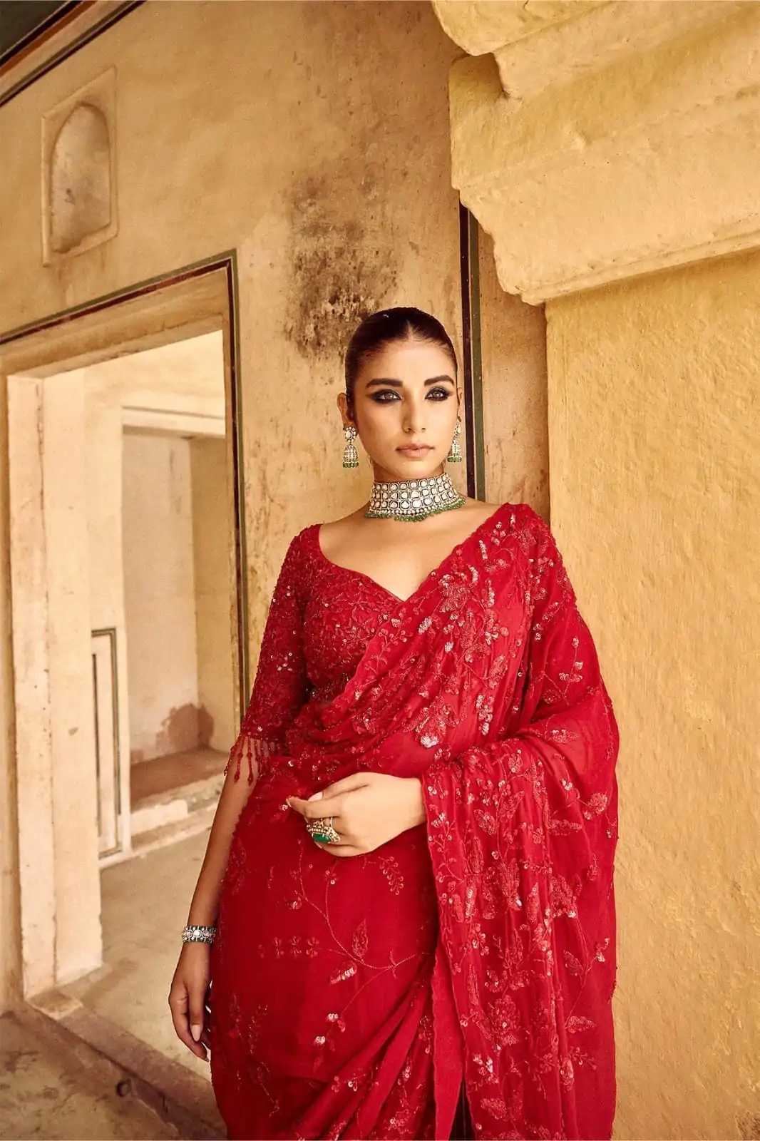 Gorgeous Red Color Georgette Sequins Embroidery Work Saree - Image 3
