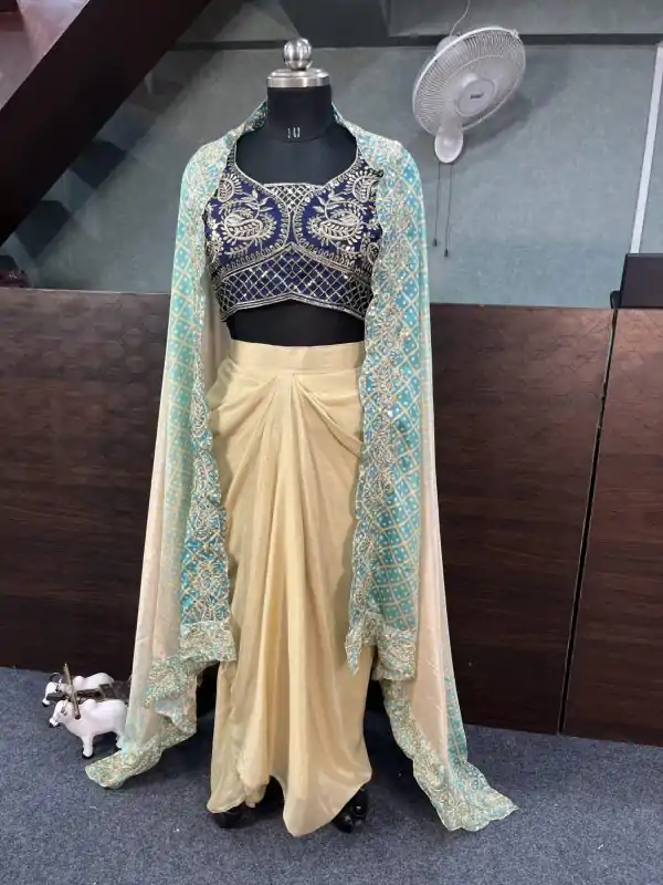 Blue Chinon Silk Embroidery Sequins Work Dhoti Suit