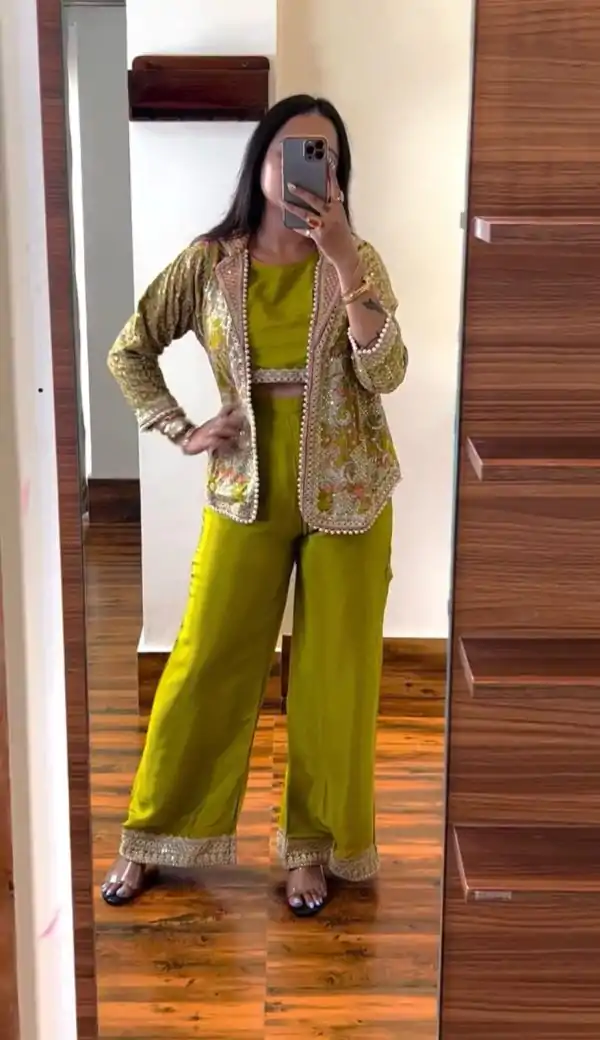 Lovely Light Yellow Color Chinon Embroidery With Moti Lace Salwar Suit