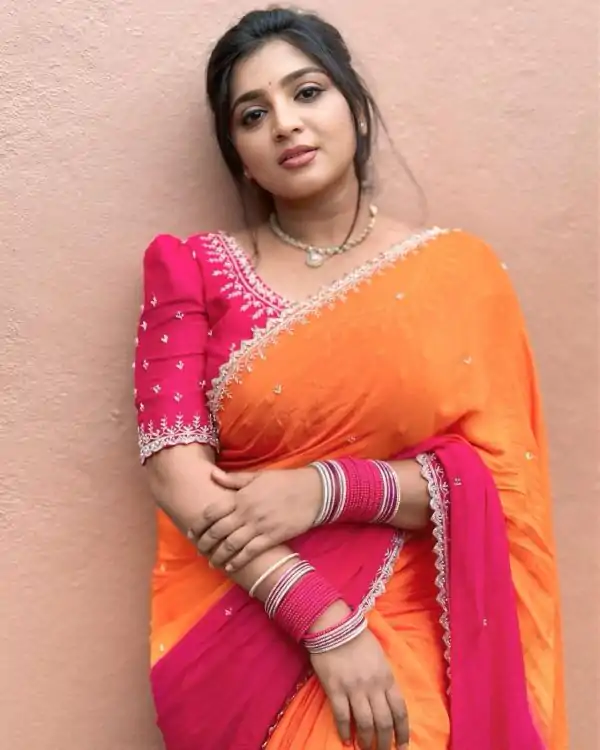 Lovely Orange And Pink Color Chinnon Embroidery Sequence Saree
