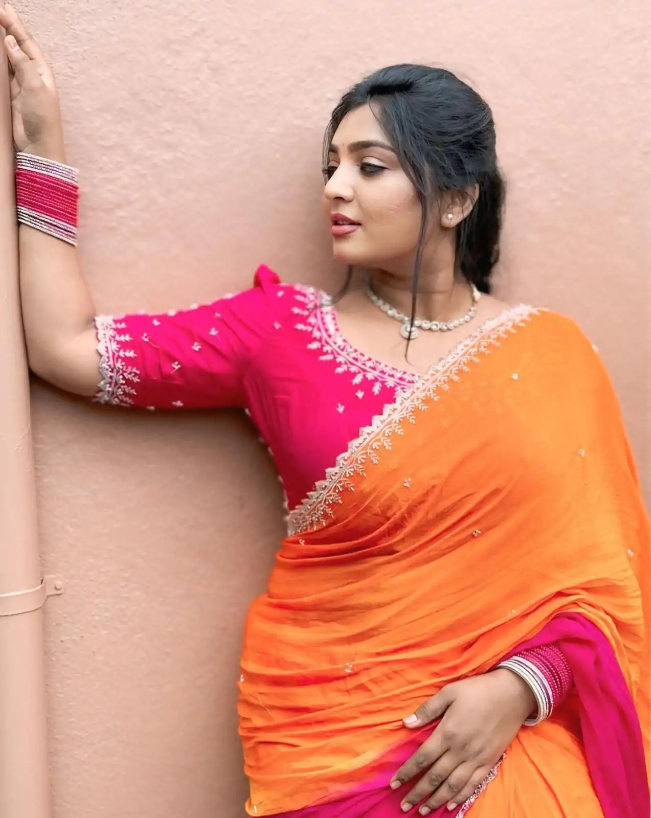 Lovely Orange And Pink Color Chinnon Embroidery Sequence Saree - Image 2