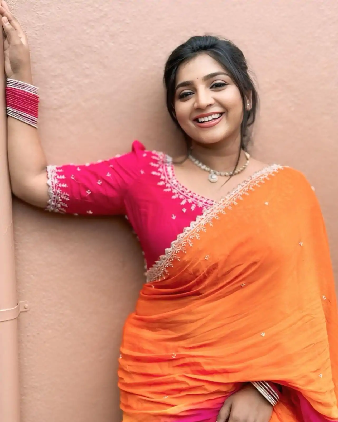 Lovely Orange And Pink Color Chinnon Embroidery Sequence Saree - Image 3