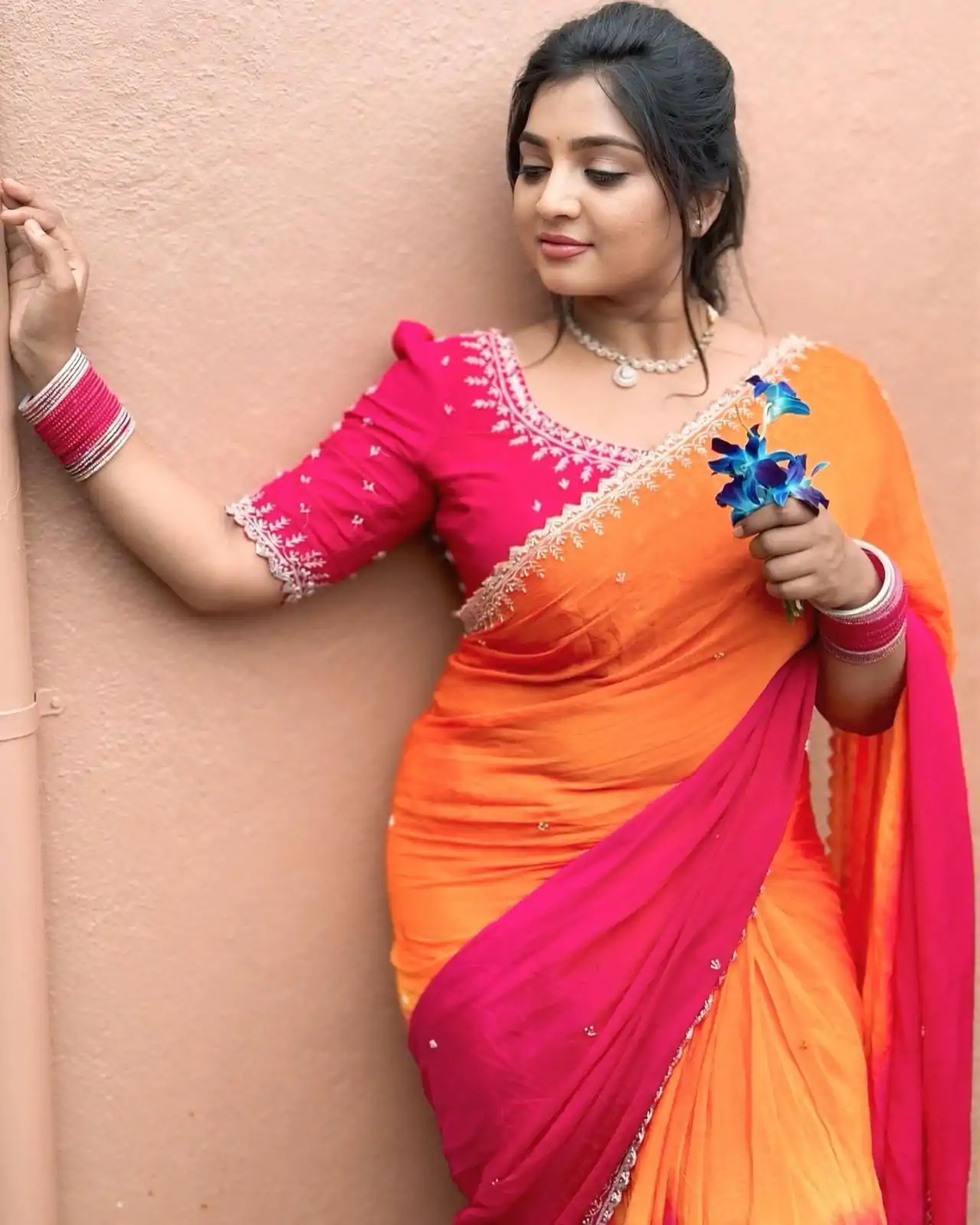 Lovely Orange And Pink Color Chinnon Embroidery Sequence Saree - Image 4
