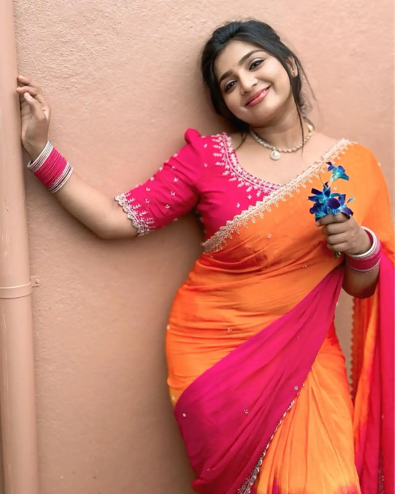 Lovely Orange And Pink Color Chinnon Embroidery Sequence Saree - Image 5
