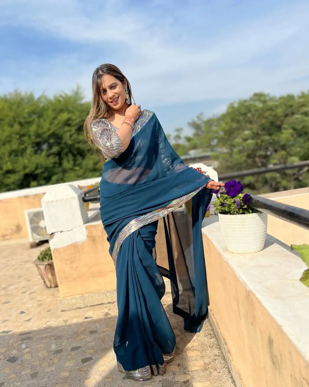 Lovely Peacock Blue Color Georgette Sequence Work Lace Saree - Image 3