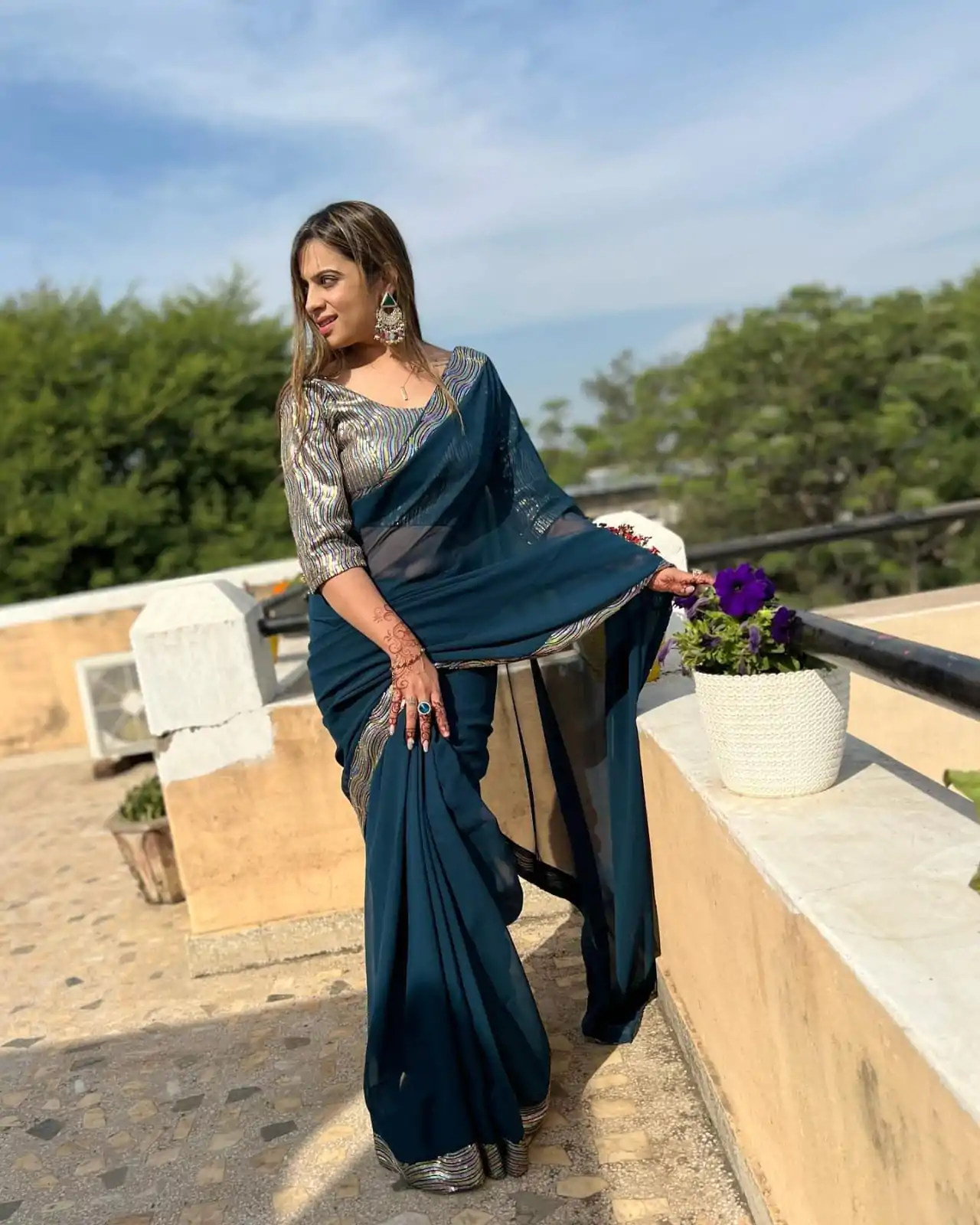 Lovely Peacock Blue Color Georgette Sequence Work Lace Saree - Image 4