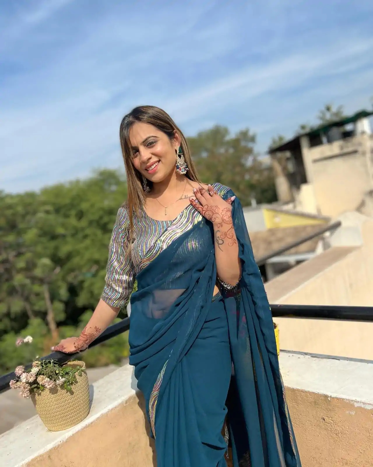 Lovely Peacock Blue Color Georgette Sequence Work Lace Saree - Image 5