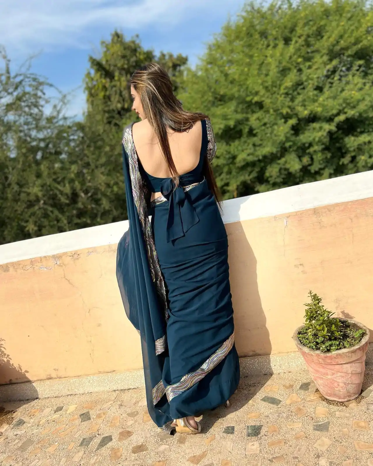 Lovely Peacock Blue Color Georgette Sequence Work Lace Saree - Image 6