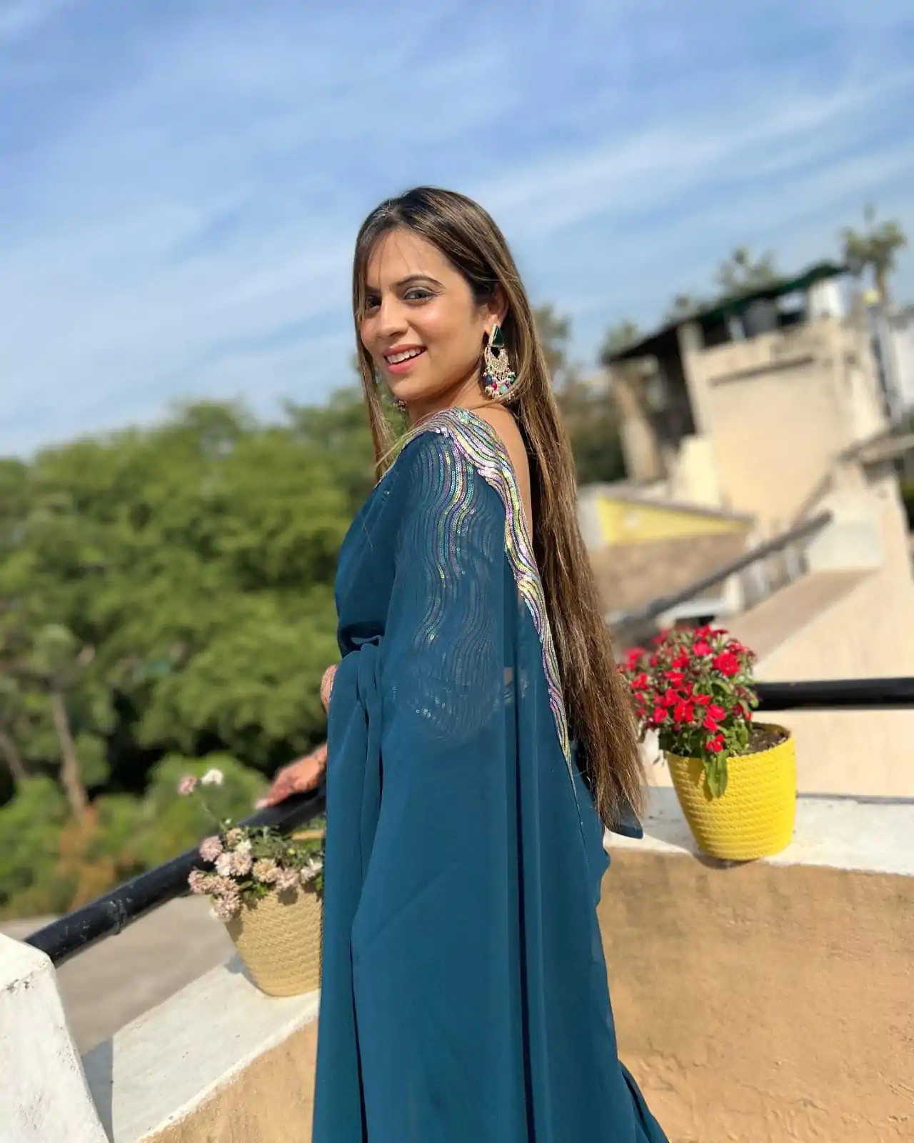 Lovely Peacock Blue Color Georgette Sequence Work Lace Saree - Image 7