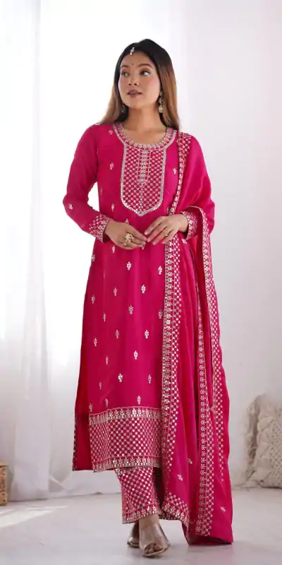 Lovely Pink Color Chinon Silk Embroidery Jari Work Salwar Suit