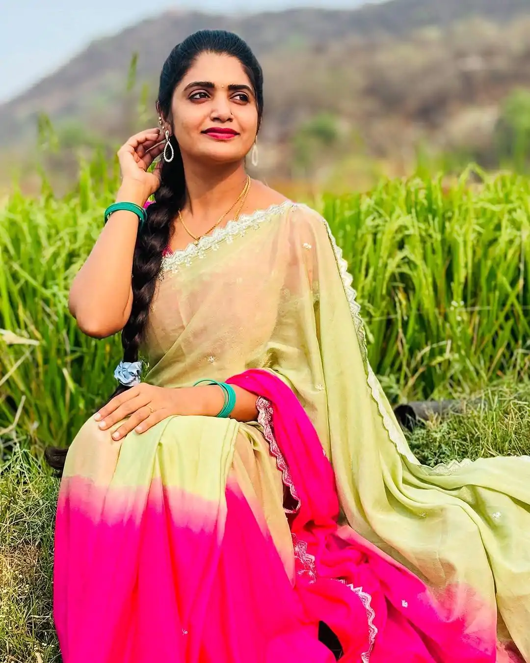 Lovely Pista And Pink Color Chinnon Embroidery Sequence Saree - Image 3