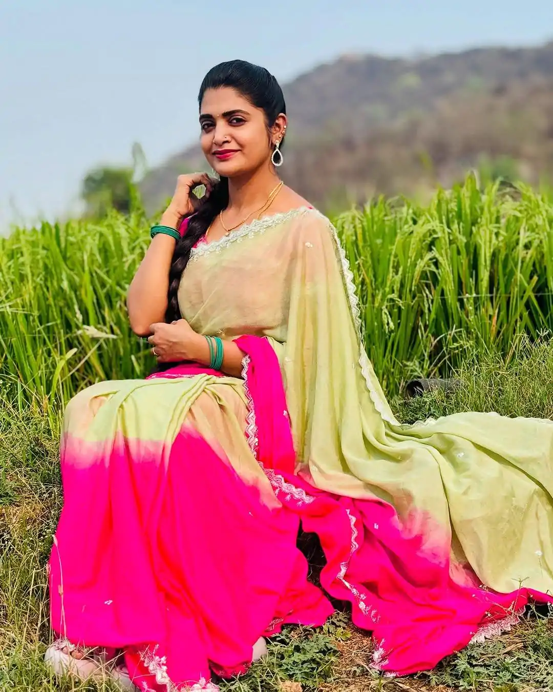 Lovely Pista And Pink Color Chinnon Embroidery Sequence Saree - Image 4