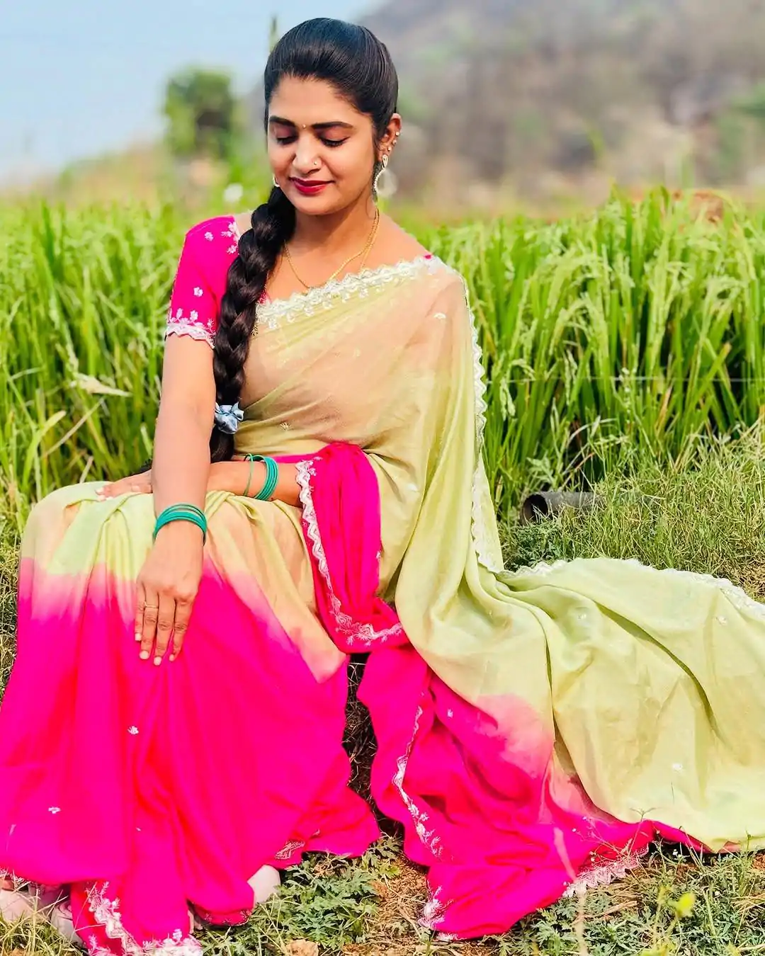 Lovely Pista And Pink Color Chinnon Embroidery Sequence Saree - Image 5