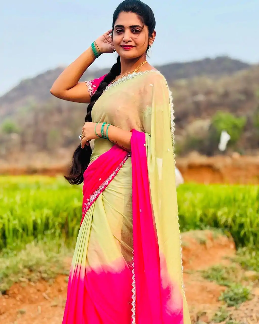 Lovely Pista And Pink Color Chinnon Embroidery Sequence Saree - Image 6