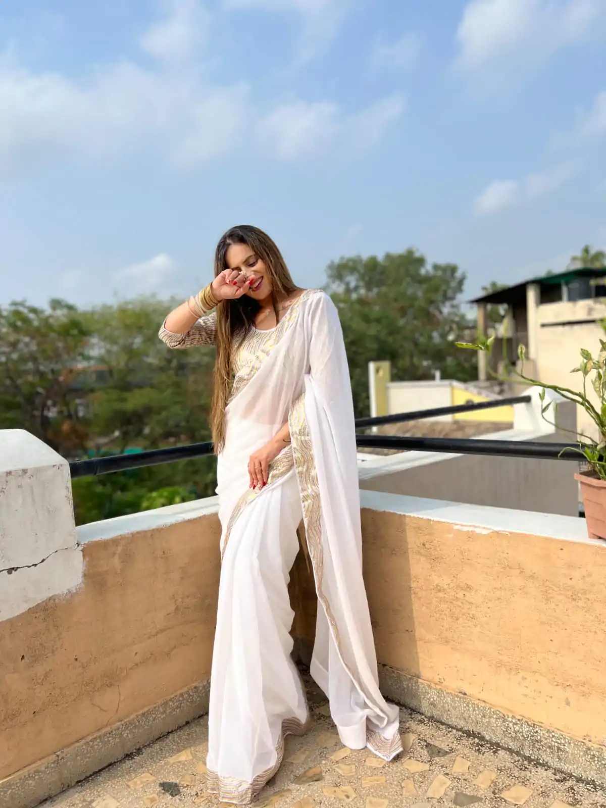 Lovely White Color Georgette Sequence Work Lace Saree - Image 2