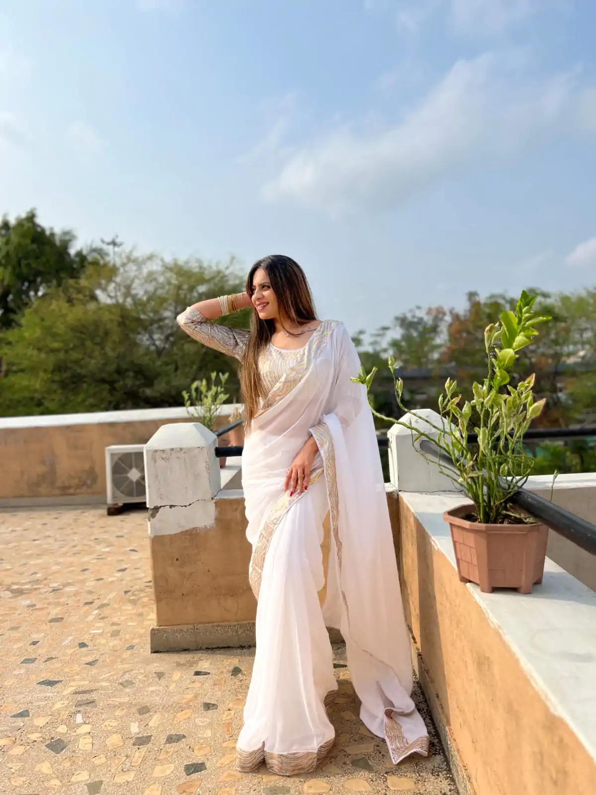 Lovely White Color Georgette Sequence Work Lace Saree - Image 5