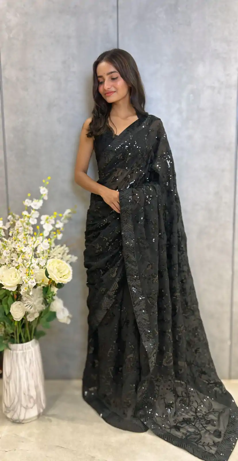 Magical Black Color Georgette Sequence Work Saree - Image 2