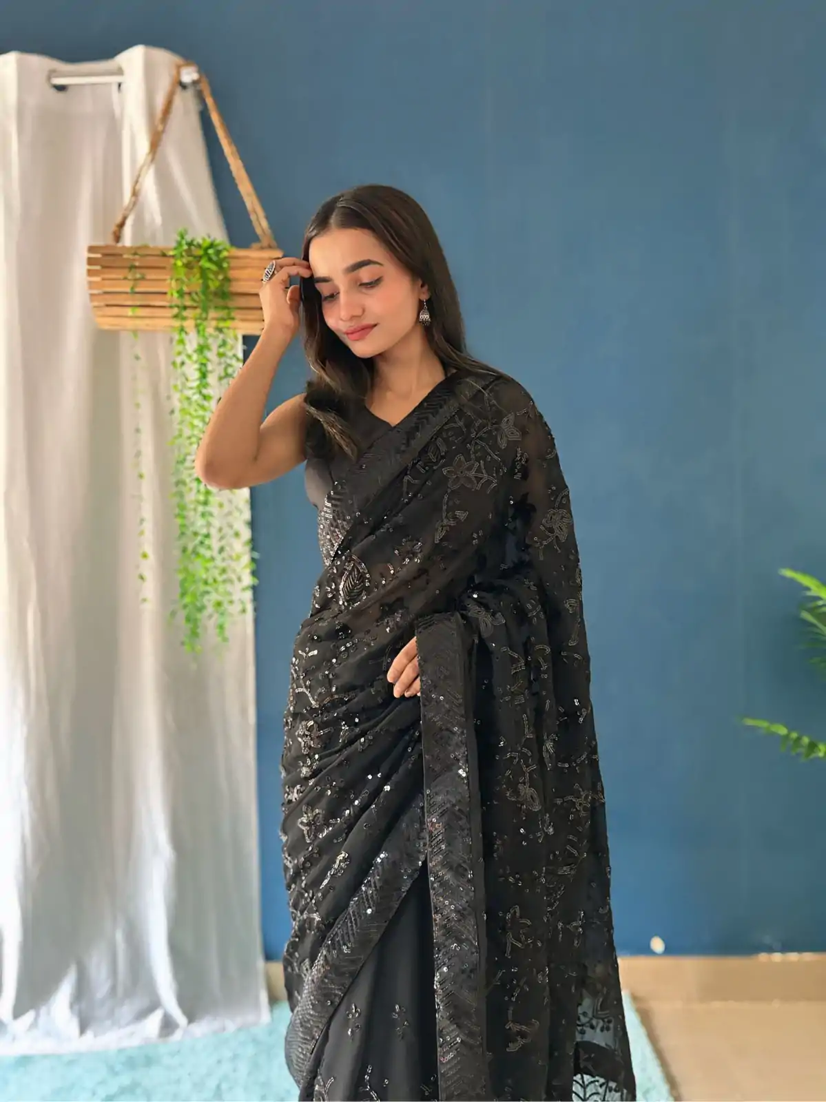 Magical Black Color Georgette Sequence Work Saree - Image 3
