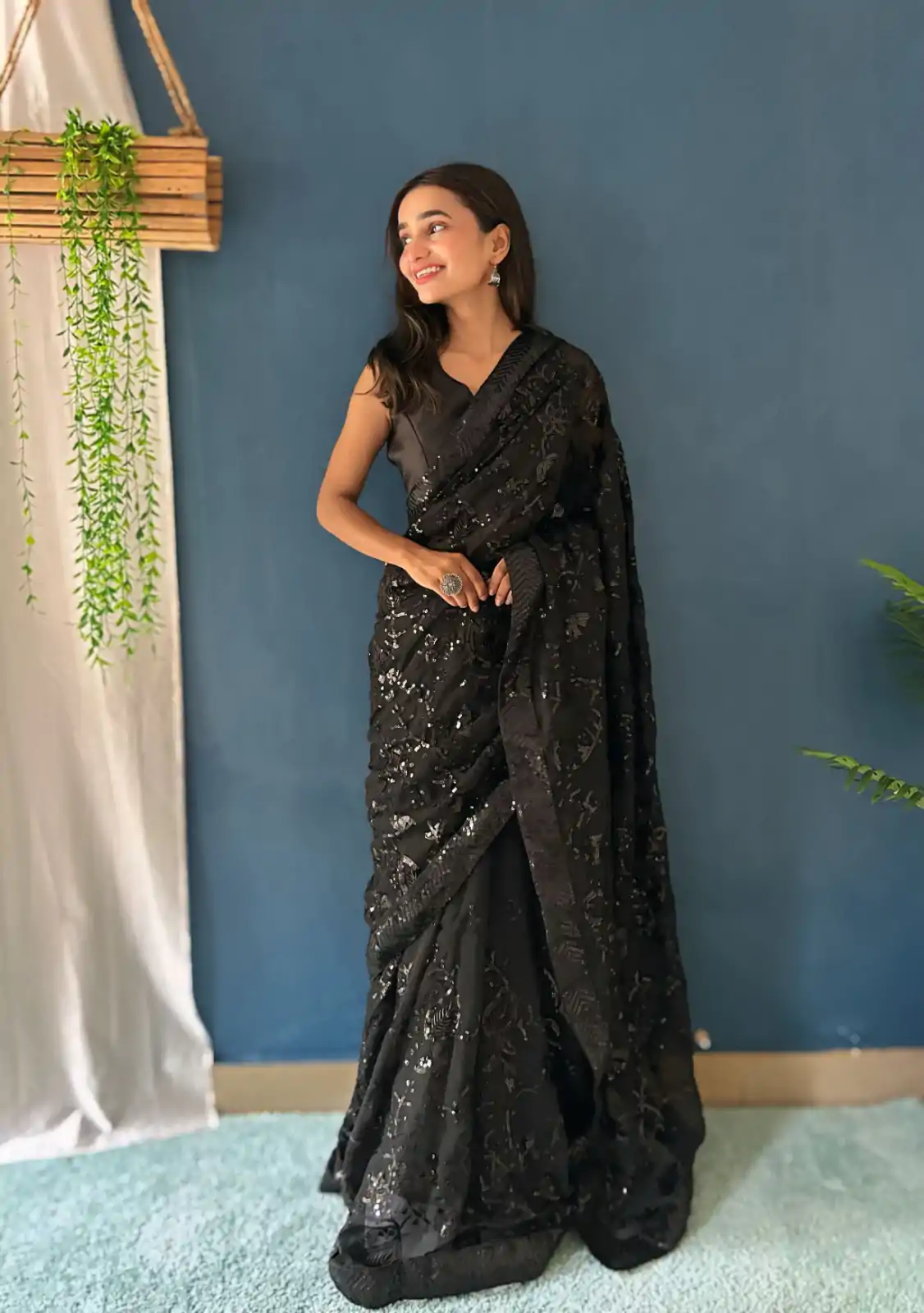 Magical Black Color Georgette Sequence Work Saree - Image 4