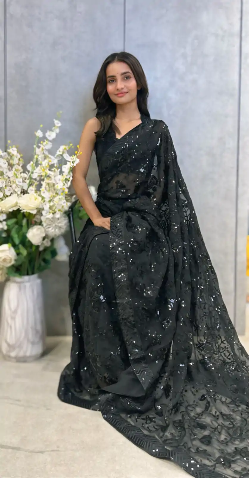 Magical Black Color Georgette Sequence Work Saree - Image 5