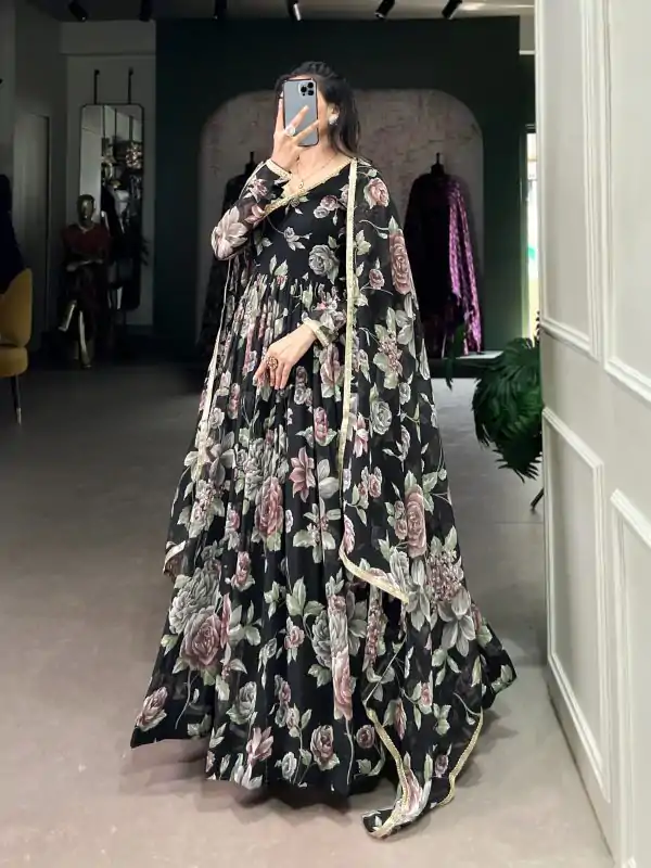 Magical Black Color Marble Floral Print Lace Touch Up Gown