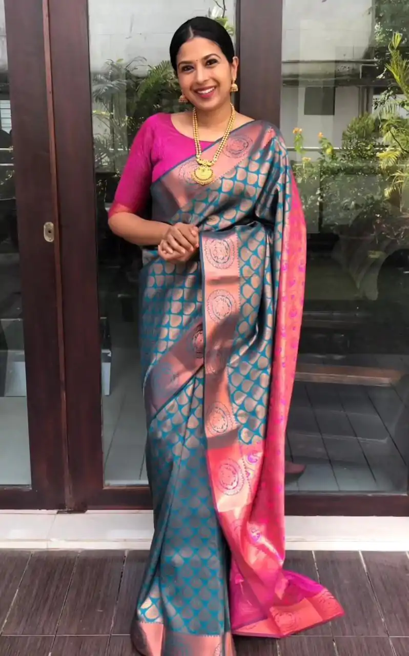 Magical Blue Color Soft Litchi Silk jacquard Work On All Over Saree - Image 3