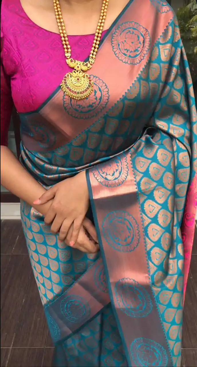 Magical Blue Color Soft Litchi Silk jacquard Work On All Over Saree - Image 4