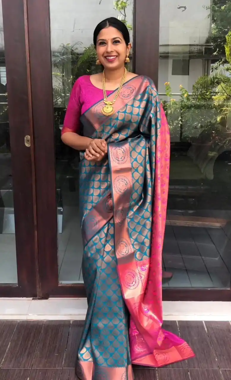 Magical Blue Color Soft Litchi Silk jacquard Work On All Over Saree - Image 6