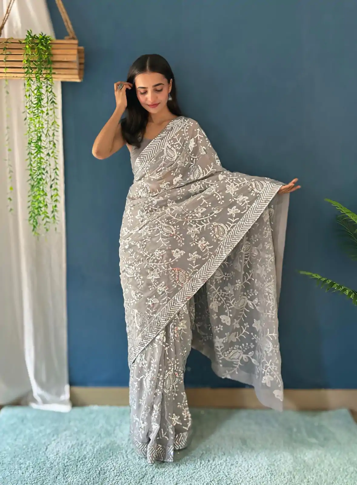 Magical Grey Color Georgette Sequence Work Saree - Image 2