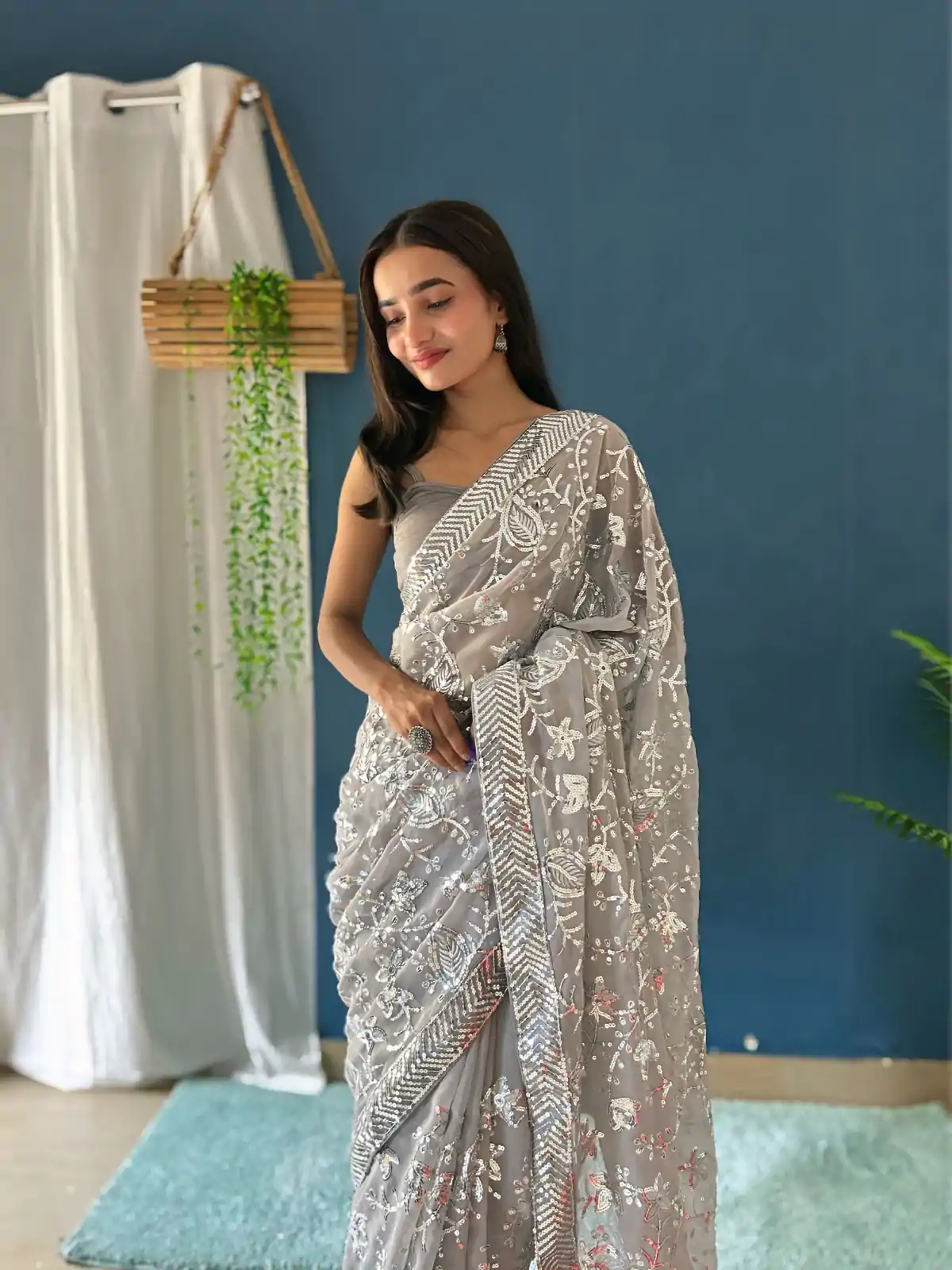 Magical Grey Color Georgette Sequence Work Saree - Image 3