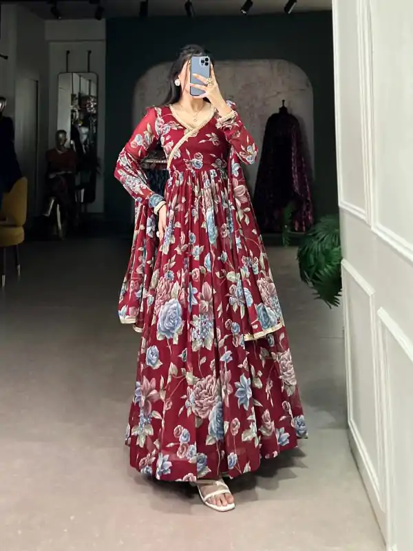 Magical Maroon Color Marble Floral Print Lace Touch Up Gown