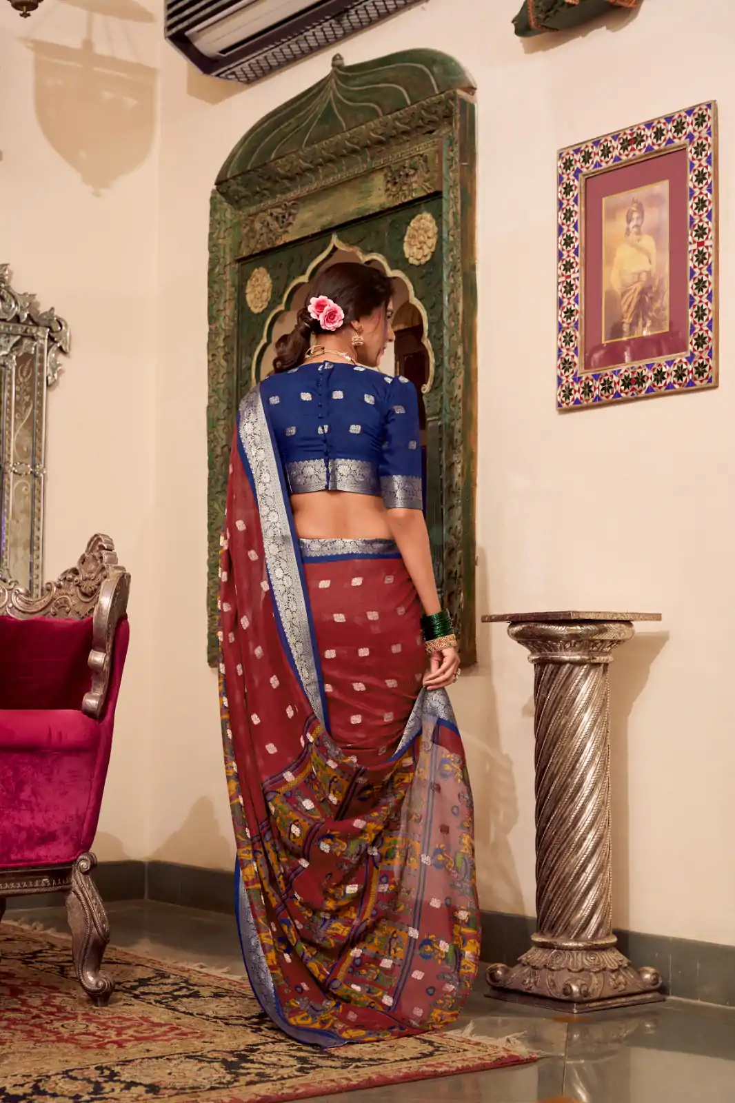 Magical Maroon Color Poly Cotton Kalamkari Print Saree - Image 2
