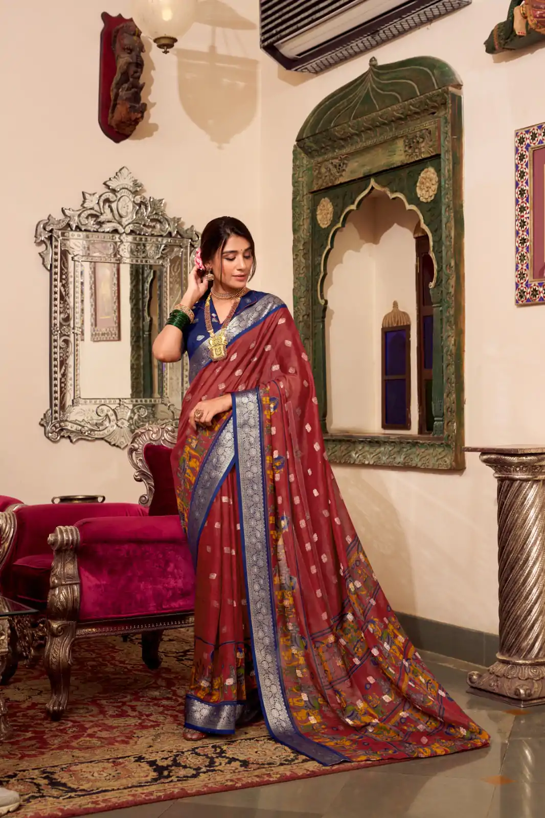 Magical Maroon Color Poly Cotton Kalamkari Print Saree - Image 4