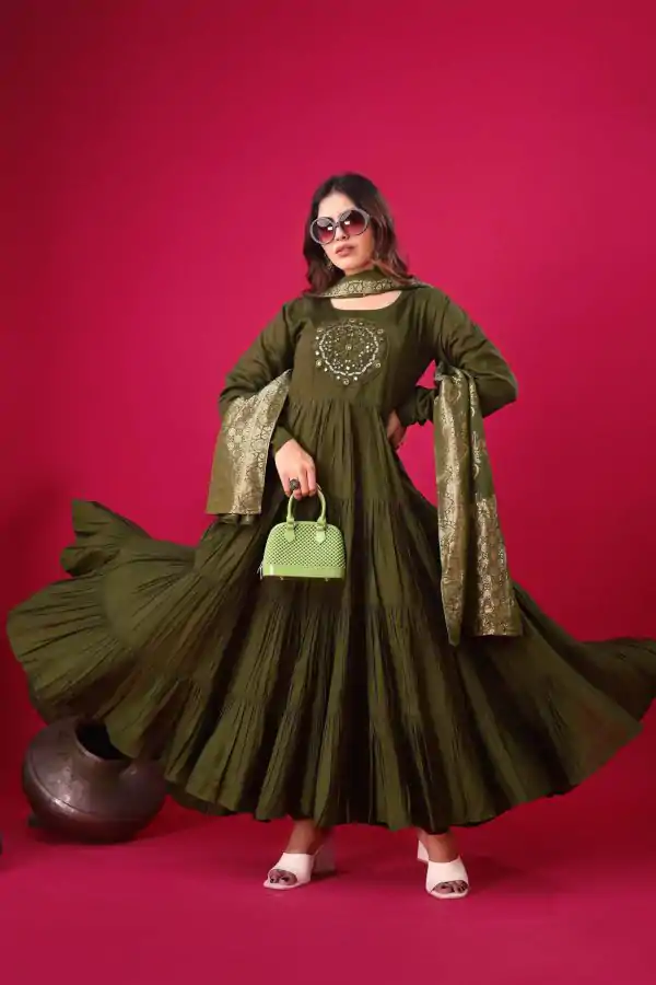 Magical Mehandi Color Roman Silk With Embroidery Sequence Work Anarkali Gown