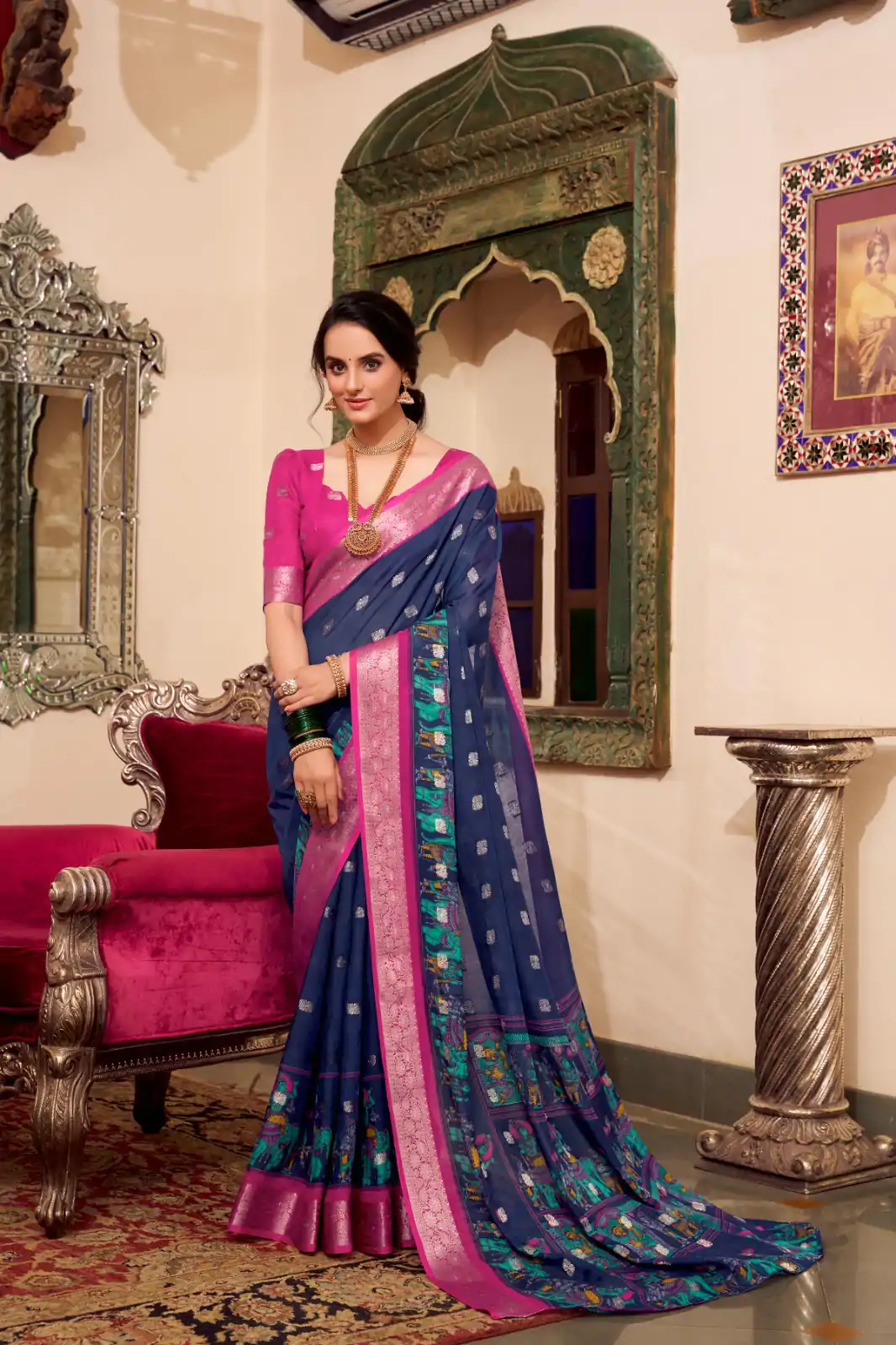 Magical Navy Blue Color Poly Cotton Kalamkari Print Saree - Image 3