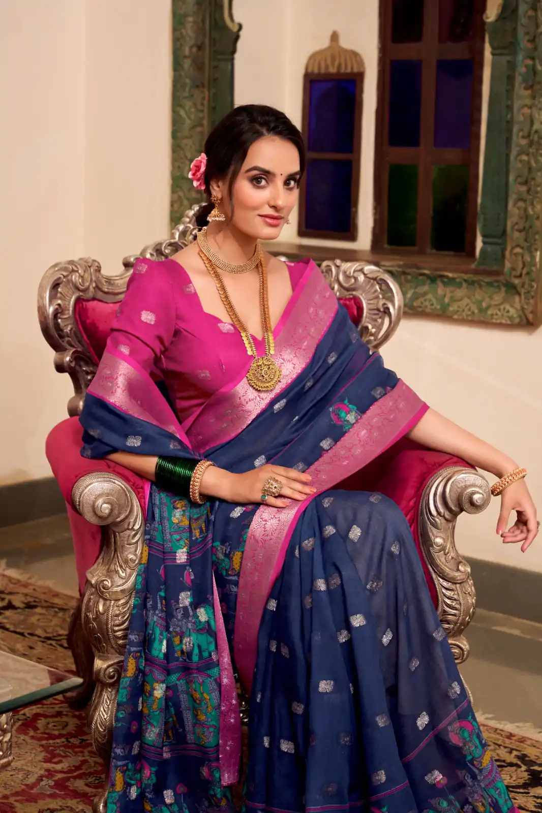 Magical Navy Blue Color Poly Cotton Kalamkari Print Saree - Image 2