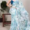 Nice Blue Color Weightless Marble Floral Print Pearl Lace Border Saree