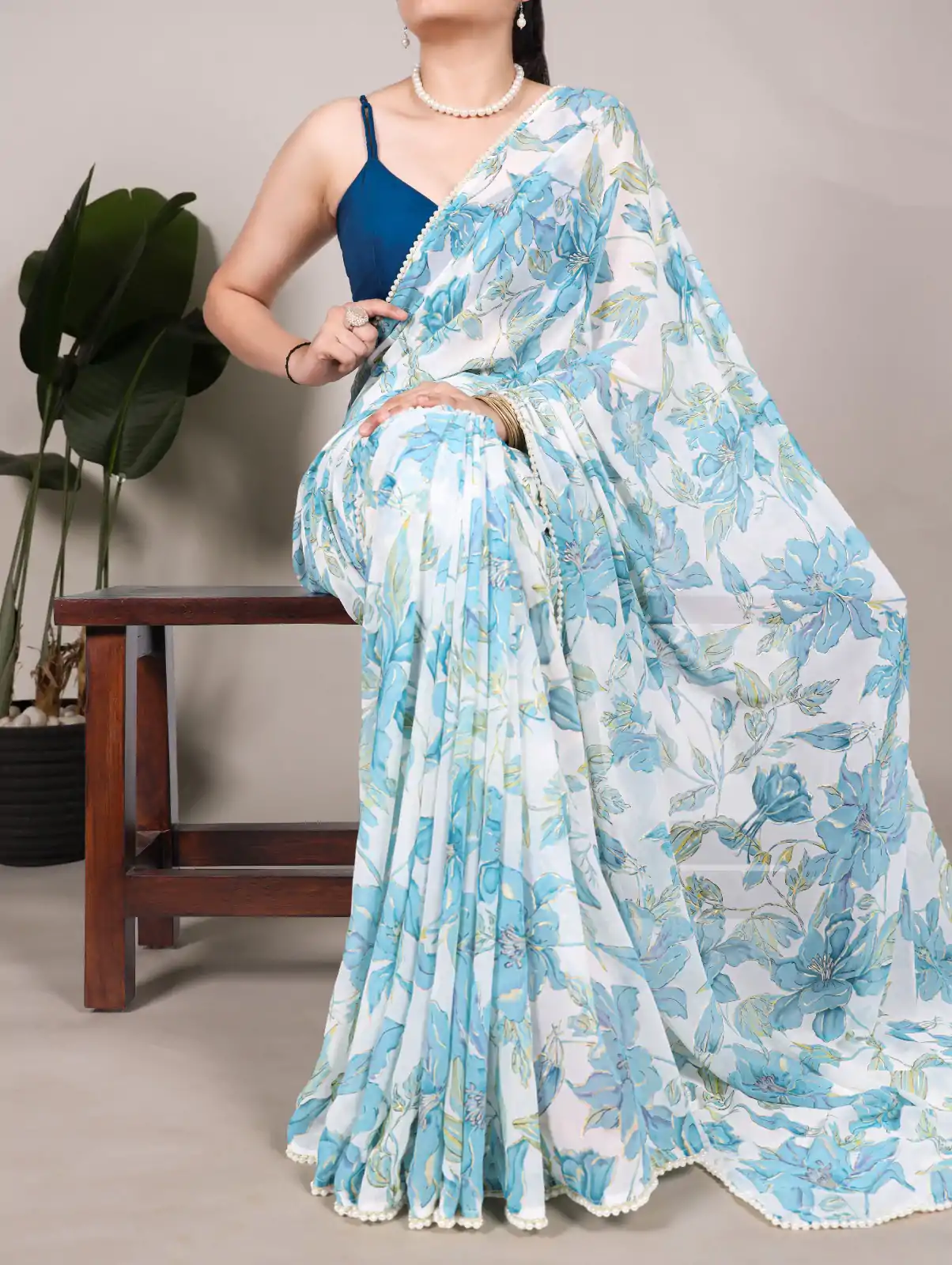 Nice Blue Color Weightless Marble Floral Print Pearl Lace Border Saree