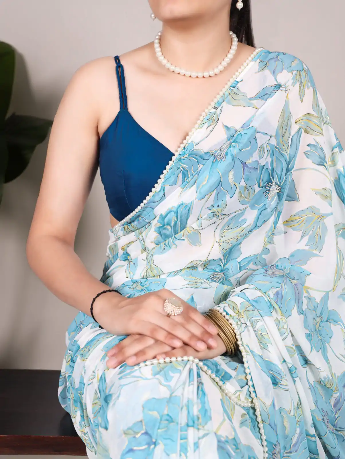Nice Blue Color Weightless Marble Floral Print Pearl Lace Border Saree - Image 3
