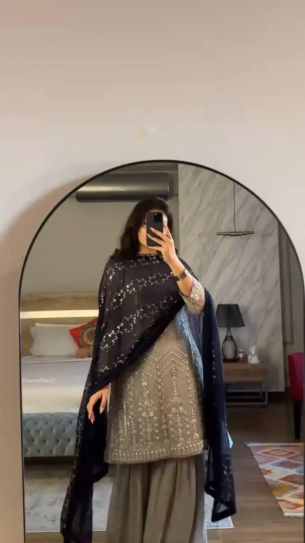 Nice Grey Color Faux Georgette Embroidery Sequence Beads Work Salwar Suit
